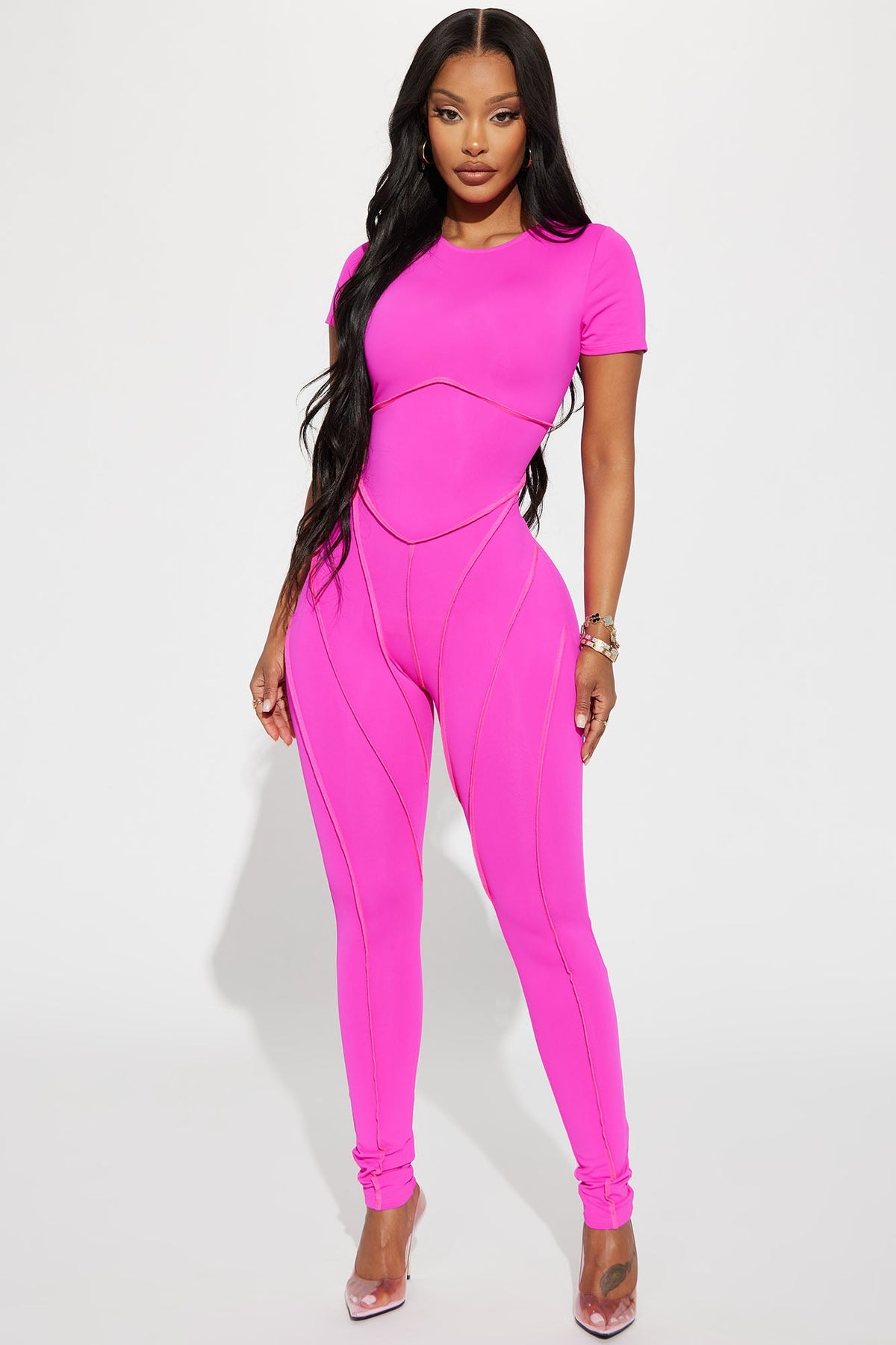 Play It Cool Short Sleeve Jumpsuit - Hot Pink