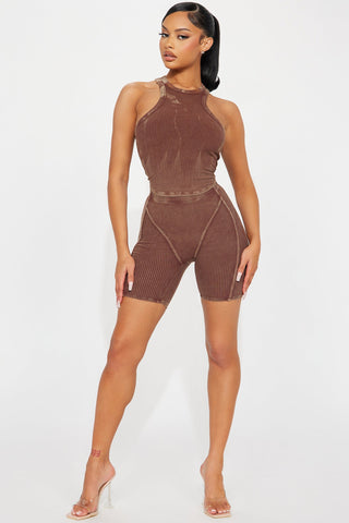Erin Ribbed Biker Short Set - Chocolate
