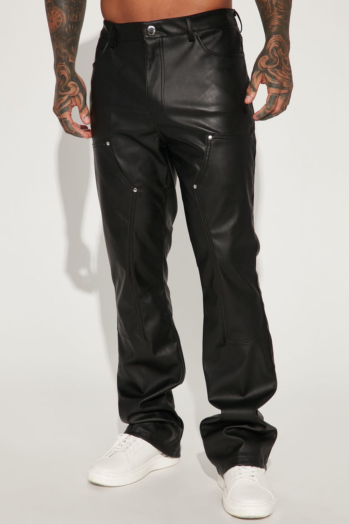 Elliot Stacked Slim Flared PU Pants - Black