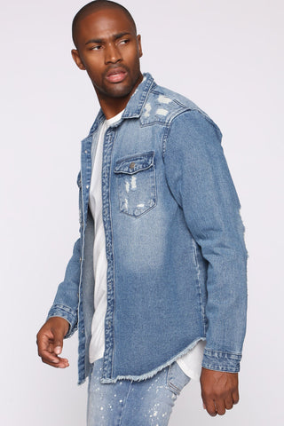 Dangerous Distressed Denim Woven Top - Medium Wash