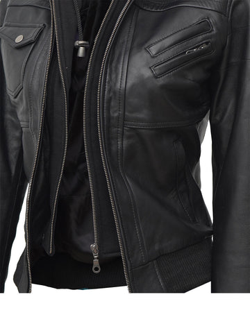 Edinburgh Womens Black Hooded Leather Jacket