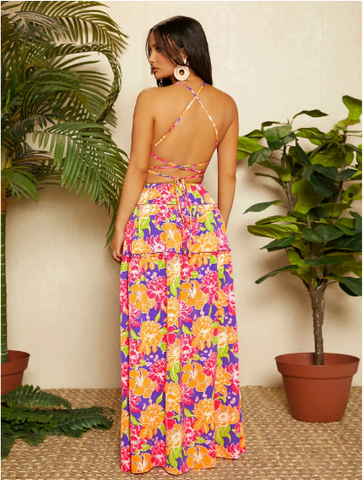 Allover Floral Print Lace Up Backless Frill Ruffle Hem Cami Dress