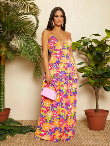 Allover Floral Print Lace Up Backless Frill Ruffle Hem Cami Dress