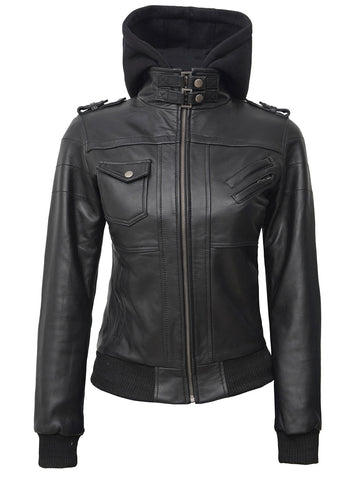 Edinburgh Womens Black Hooded Leather Jacket