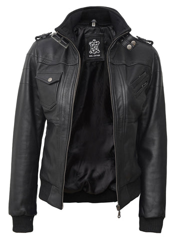 Edinburgh Womens Black Hooded Leather Jacket
