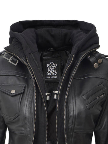 Edinburgh Womens Black Hooded Leather Jacket
