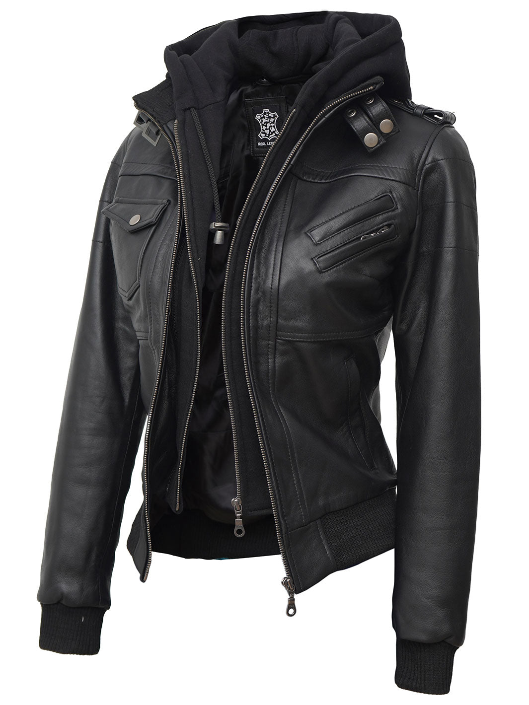 Edinburgh Womens Black Hooded Leather Jacket